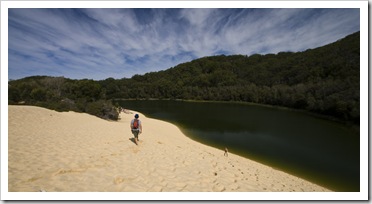 Chris and Lisa walking across the sandblow to Lake Wabby