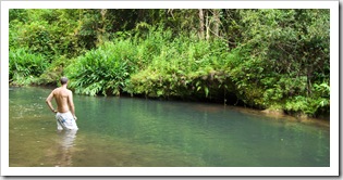 Sam hopping into Bush Pool swimming hole near our Henrietta Creek campsite