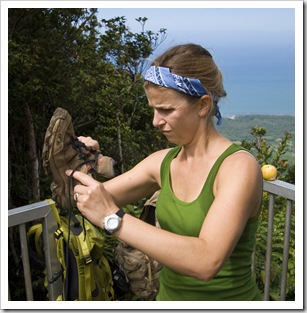 Lisa checking for leeches at the top of Mount Sorrow