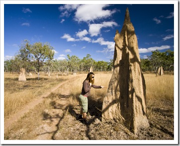 Lisa next to a giant termite mound on the walk to Blue Lagoon