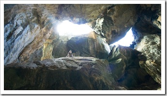 Lisa in Pompeii Cave with a natural skylight above