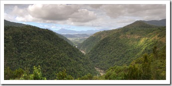 Looking down Barron Gorge toward Cairns in the distance