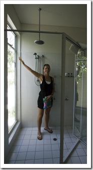 Lisa very pumped on our double-headed shower