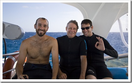 Sam, Steve and Oliver ready for a dive at Cod Hole