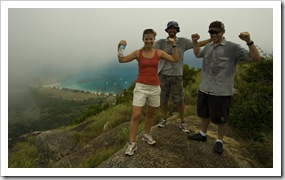 Lisa, Sam and Oliver in the clouds at the top of Cook's Look with Watson's Bay in the distance