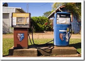 Ancient petrol bowsers in Normanton