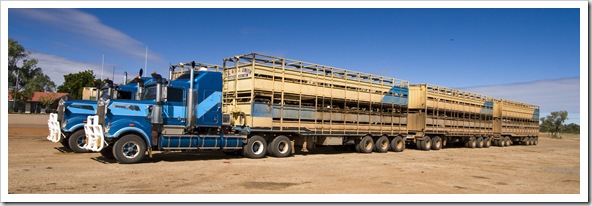 Huge cattle road trains at the Burke and Wills Roadhouse