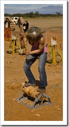 Winner of the womens wood chopping at the Bedourie camel races