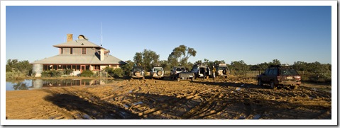 The National Parks and Wildlife Service building and stranded 4WD vehicles in Innamincka on Wednesday morning