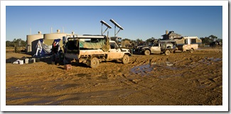 Stranded 4WD vehicles next to the phone booths in Innamincka on Wednesday morning