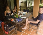 Lisa, Anna and Matt enjoying and outdoor breakfast