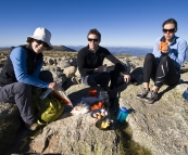 Lisa, Will and Abi having breakfast on the top of Mount Kosciuszko