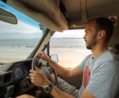 Sam driving along the sand on Fraser Island
